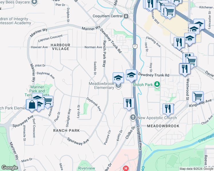 map of restaurants, bars, coffee shops, grocery stores, and more near 3084 Spuraway Avenue in Coquitlam