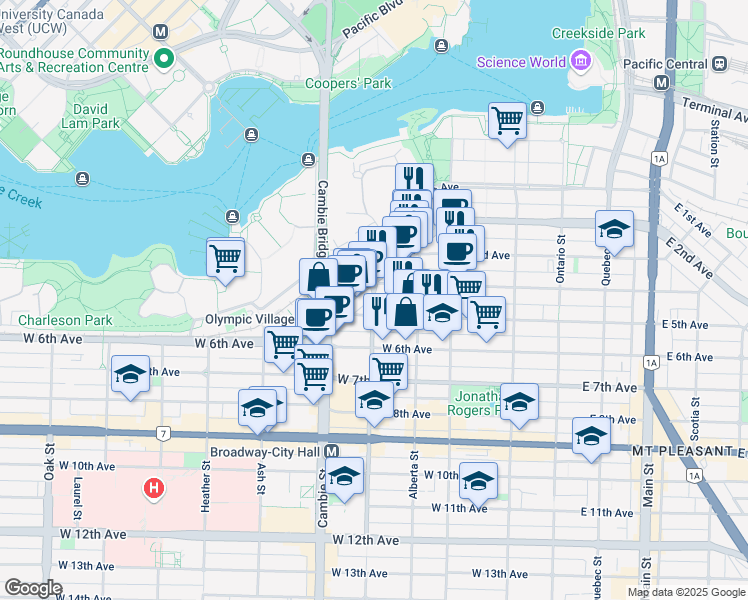 map of restaurants, bars, coffee shops, grocery stores, and more near 2055 Yukon Street in Vancouver