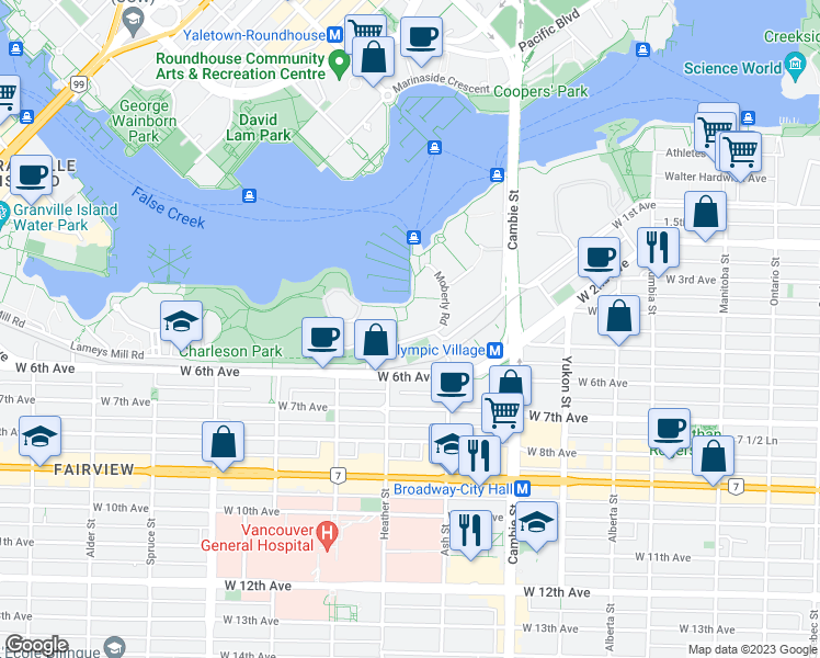 map of restaurants, bars, coffee shops, grocery stores, and more near in Vancouver