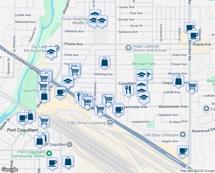 map of restaurants, bars, coffee shops, grocery stores, and more near 1948 Coquitlam Avenue in Port Coquitlam