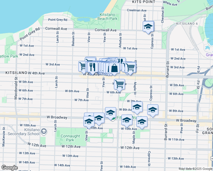 map of restaurants, bars, coffee shops, grocery stores, and more near 2182 West 5th Avenue in Vancouver