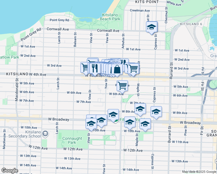 map of restaurants, bars, coffee shops, grocery stores, and more near 2188 West 5th Avenue in Vancouver