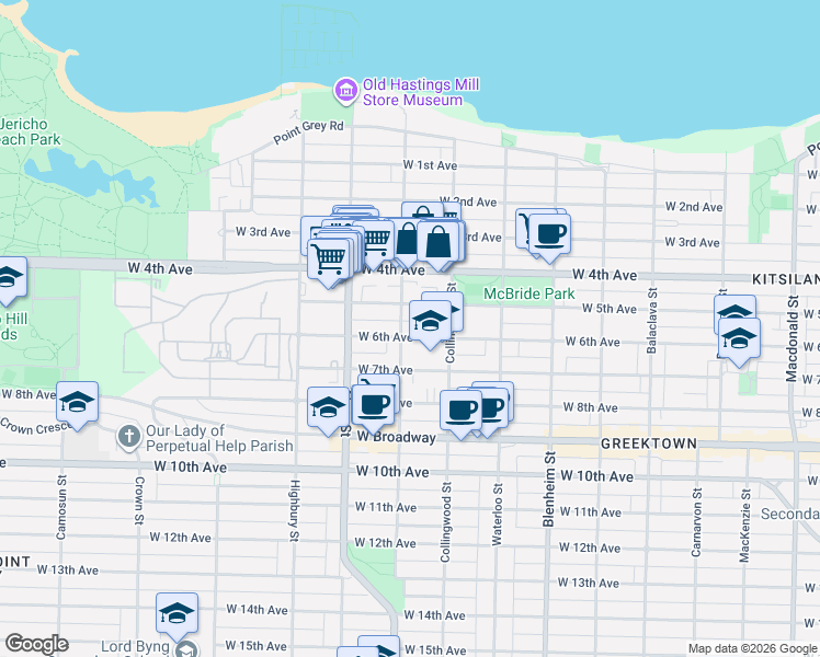 map of restaurants, bars, coffee shops, grocery stores, and more near 3581 West 6th Avenue in Vancouver