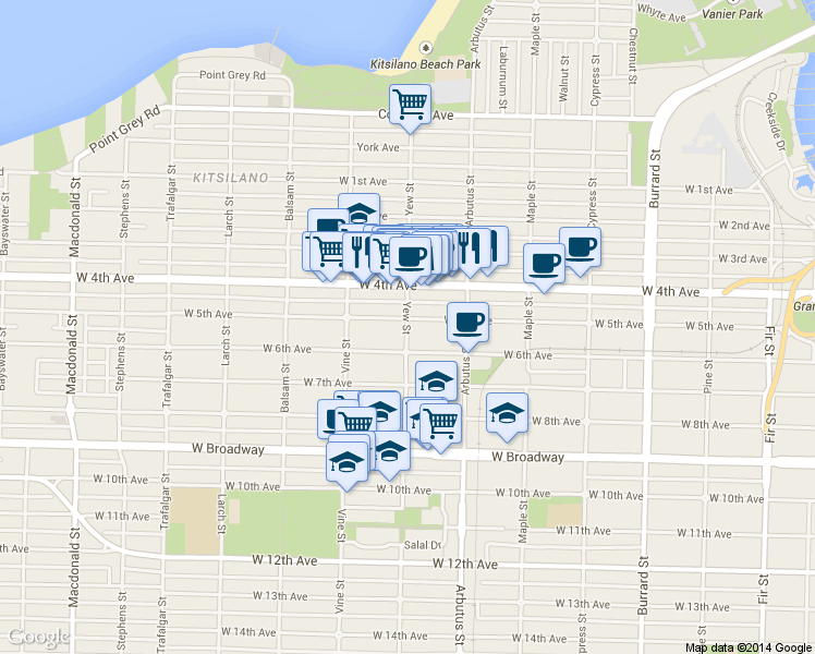 map of restaurants, bars, coffee shops, grocery stores, and more near 2106 Yew Street in Vancouver