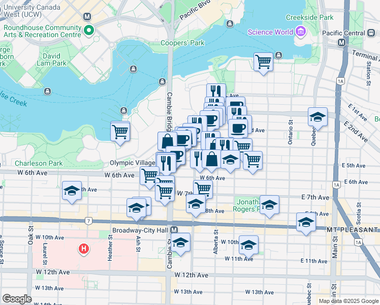 map of restaurants, bars, coffee shops, grocery stores, and more near in Vancouver