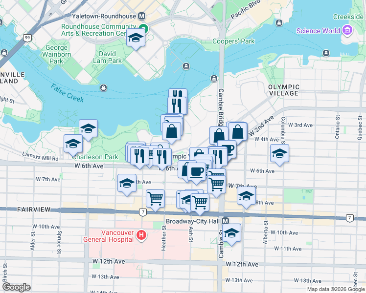 map of restaurants, bars, coffee shops, grocery stores, and more near 655 Moberly Road in Vancouver