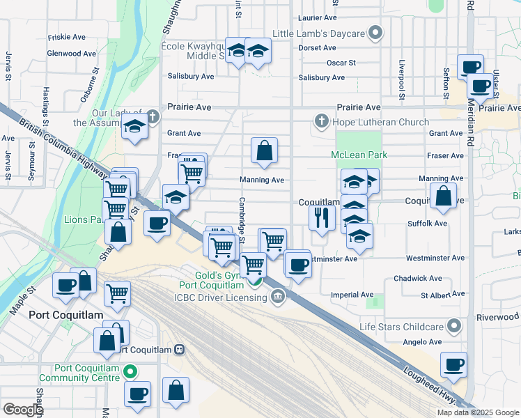 map of restaurants, bars, coffee shops, grocery stores, and more near 1966 Coquitlam Avenue in Port Coquitlam