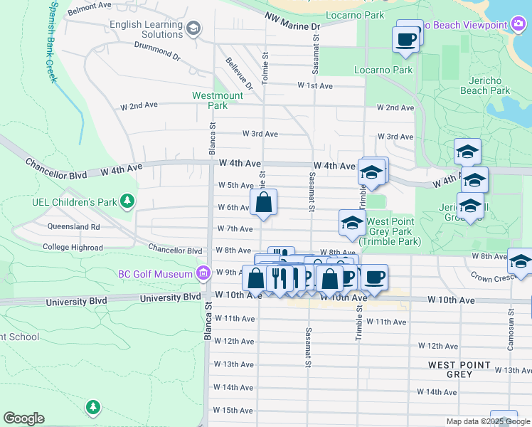 map of restaurants, bars, coffee shops, grocery stores, and more near 4596 West 6th Avenue in Vancouver