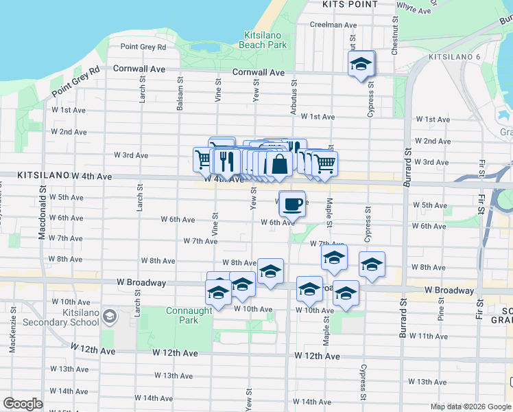 map of restaurants, bars, coffee shops, grocery stores, and more near 2106 Yew Street in Vancouver