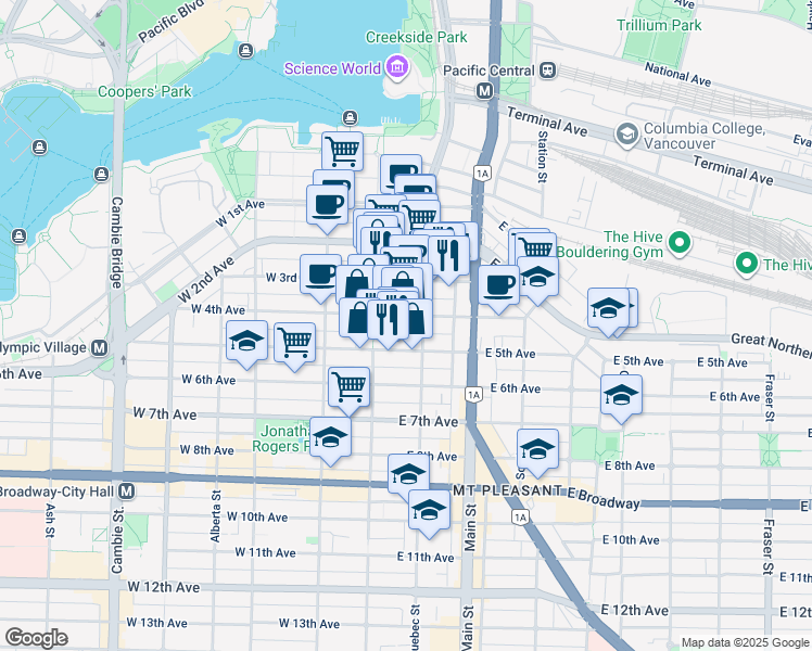 map of restaurants, bars, coffee shops, grocery stores, and more near in Vancouver