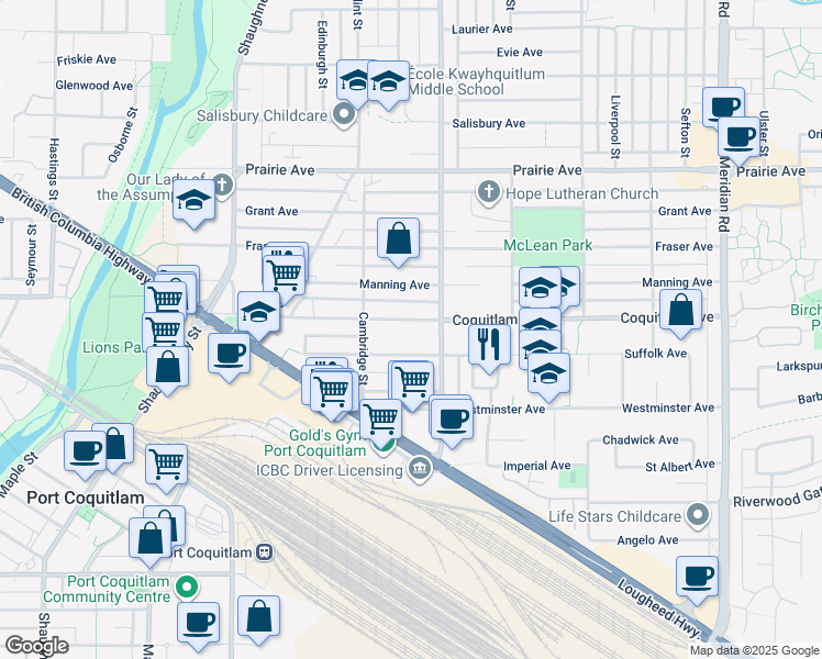 map of restaurants, bars, coffee shops, grocery stores, and more near 1948 Coquitlam Avenue in Port Coquitlam