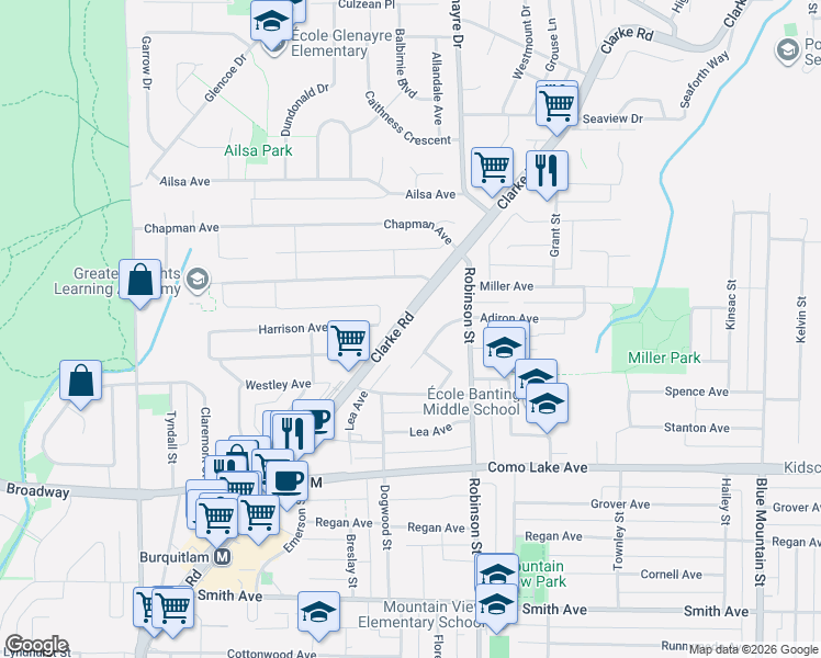 map of restaurants, bars, coffee shops, grocery stores, and more near 721 Anskar Court in Port Moody