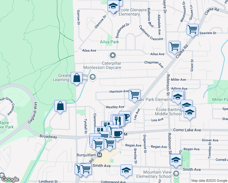 map of restaurants, bars, coffee shops, grocery stores, and more near 601 Harrison Avenue in Coquitlam