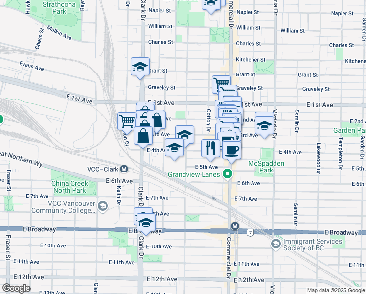 map of restaurants, bars, coffee shops, grocery stores, and more near 1481 East 4th Avenue in Vancouver