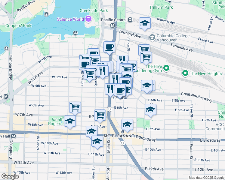 map of restaurants, bars, coffee shops, grocery stores, and more near 237 East 4th Avenue in Vancouver