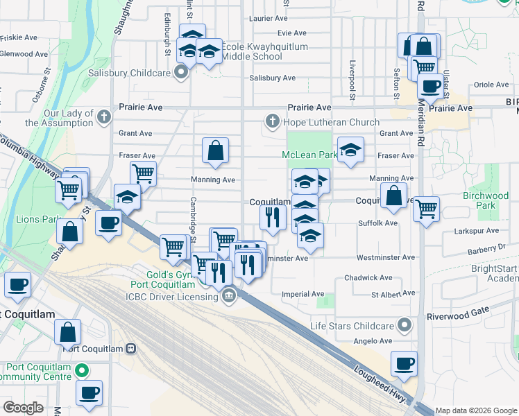 map of restaurants, bars, coffee shops, grocery stores, and more near 1864 Coquitlam Avenue in Port Coquitlam
