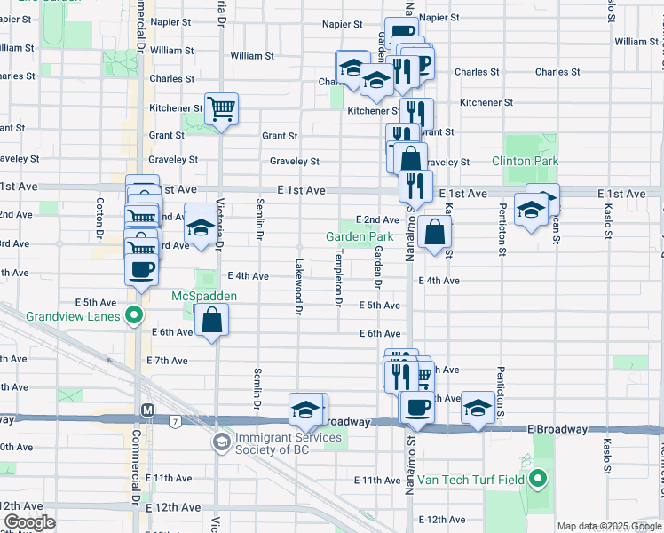 map of restaurants, bars, coffee shops, grocery stores, and more near 1937 Templeton Drive in Vancouver