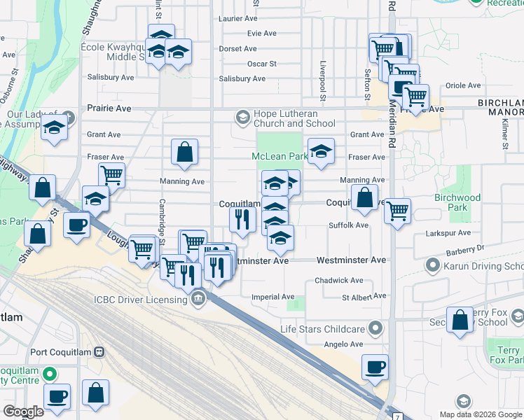 map of restaurants, bars, coffee shops, grocery stores, and more near 1784 Coquitlam Avenue in Port Coquitlam