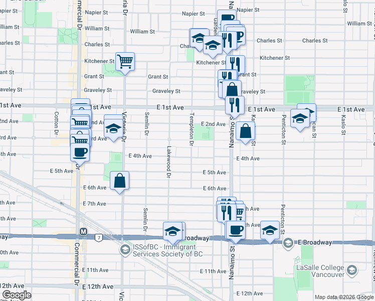 map of restaurants, bars, coffee shops, grocery stores, and more near 1937 Templeton Drive in Vancouver