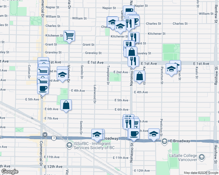 map of restaurants, bars, coffee shops, grocery stores, and more near 1928 Templeton Drive in Vancouver
