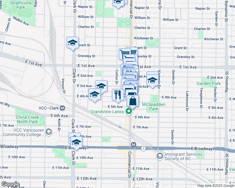 map of restaurants, bars, coffee shops, grocery stores, and more near 1601 East 4th Avenue in Vancouver