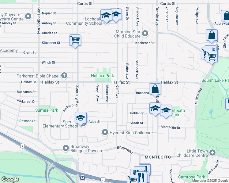 map of restaurants, bars, coffee shops, grocery stores, and more near 1875 Cliff Avenue in Burnaby