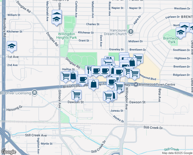 map of restaurants, bars, coffee shops, grocery stores, and more near 4388 Buchanan Street in Burnaby