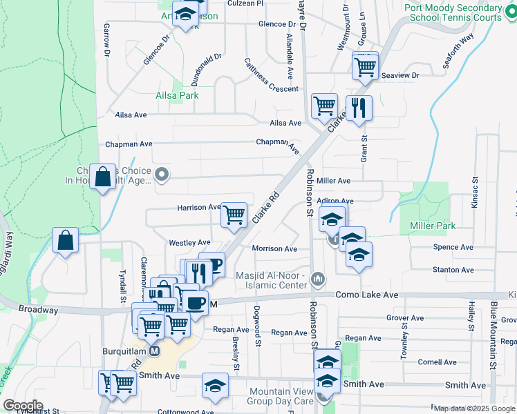 map of restaurants, bars, coffee shops, grocery stores, and more near 665 Harrison Avenue in Coquitlam