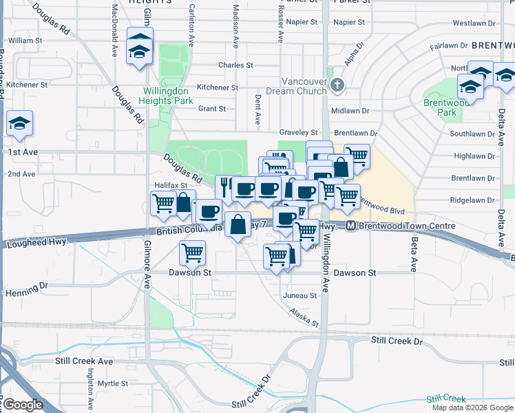 map of restaurants, bars, coffee shops, grocery stores, and more near 4398 Buchanan Street in Burnaby