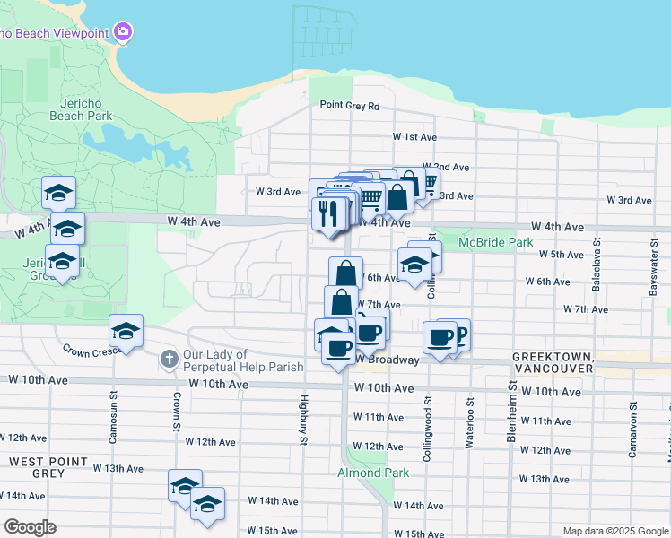 map of restaurants, bars, coffee shops, grocery stores, and more near 3731 West 6th Avenue in Vancouver