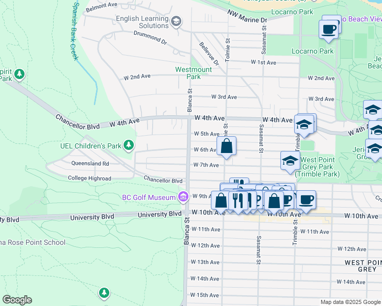 map of restaurants, bars, coffee shops, grocery stores, and more near 4692 West 6th Avenue in Vancouver