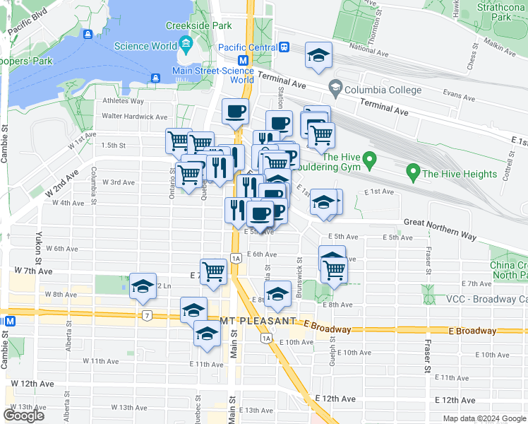 map of restaurants, bars, coffee shops, grocery stores, and more near 272 East 4th Avenue in Vancouver