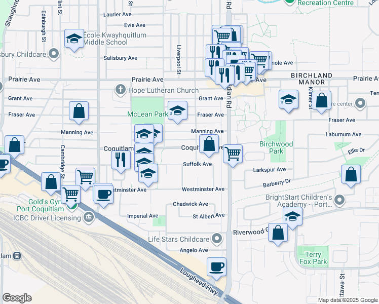 map of restaurants, bars, coffee shops, grocery stores, and more near 1624 Coquitlam Avenue in Port Coquitlam