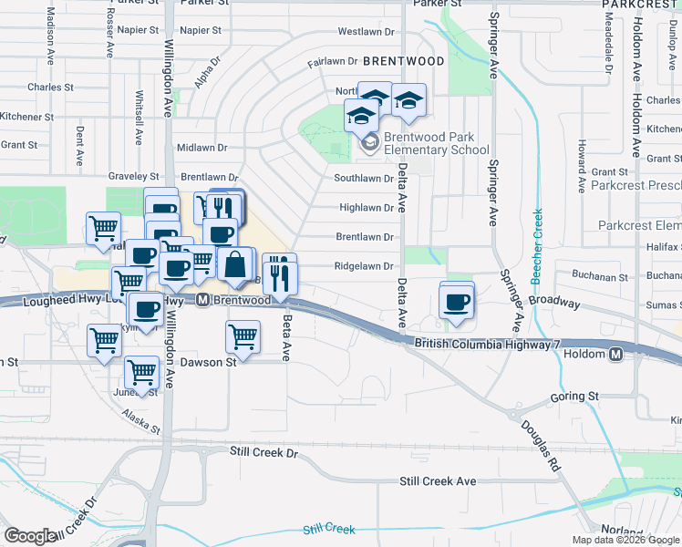 map of restaurants, bars, coffee shops, grocery stores, and more near 4792 Ridgelawn Drive in Burnaby