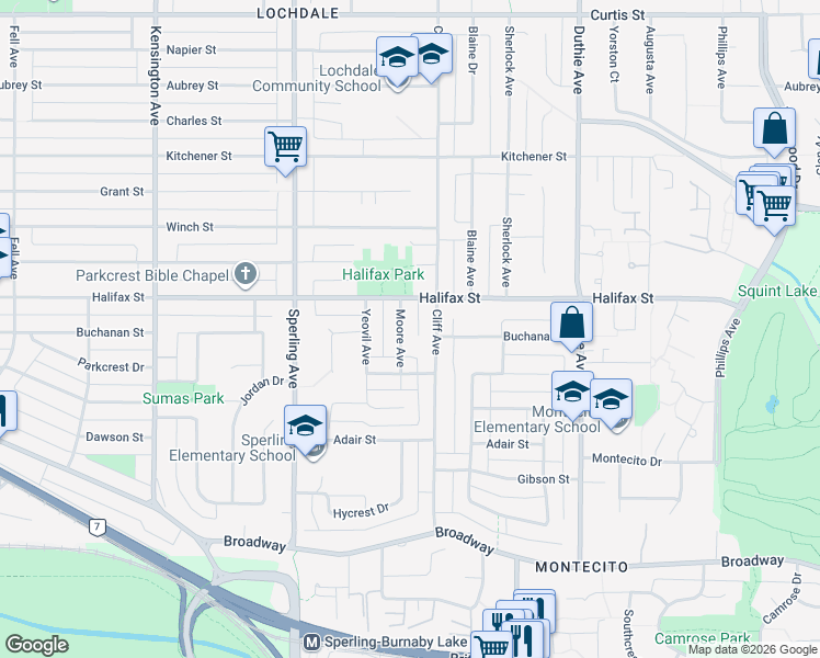 map of restaurants, bars, coffee shops, grocery stores, and more near 1860 Moore Avenue in Burnaby