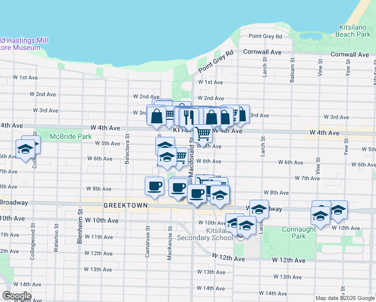 map of restaurants, bars, coffee shops, grocery stores, and more near in Vancouver