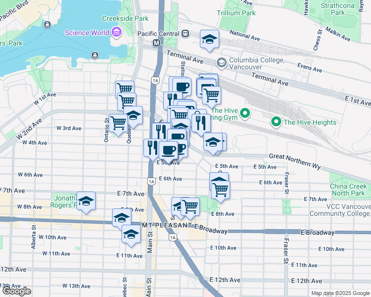 map of restaurants, bars, coffee shops, grocery stores, and more near in Vancouver