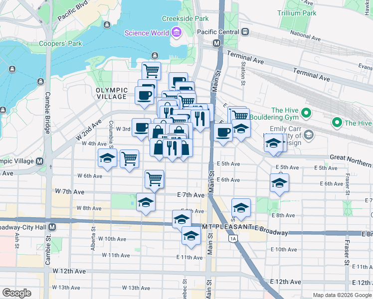map of restaurants, bars, coffee shops, grocery stores, and more near 2005 Quebec Street in Vancouver