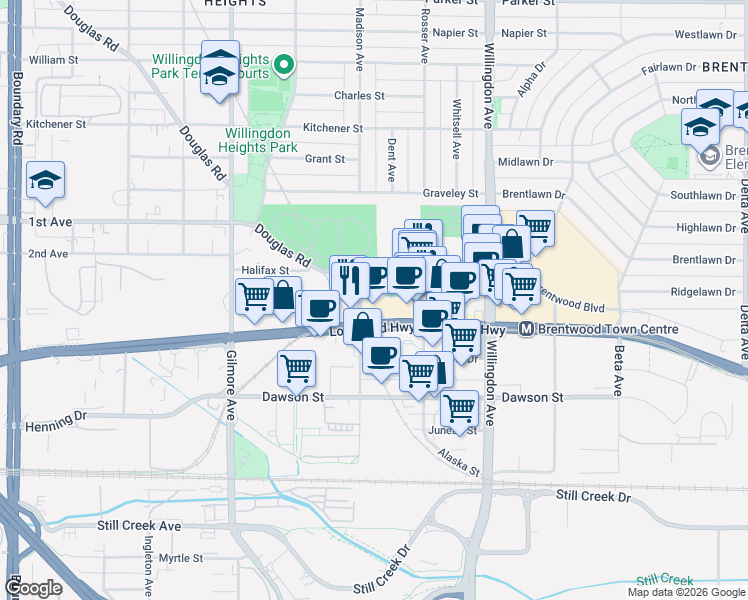 map of restaurants, bars, coffee shops, grocery stores, and more near 4388 Buchanan Street in Burnaby