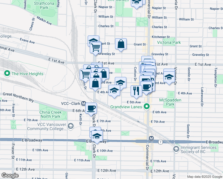 map of restaurants, bars, coffee shops, grocery stores, and more near in Vancouver
