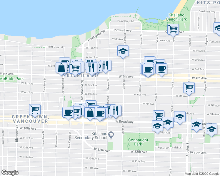map of restaurants, bars, coffee shops, grocery stores, and more near in Vancouver