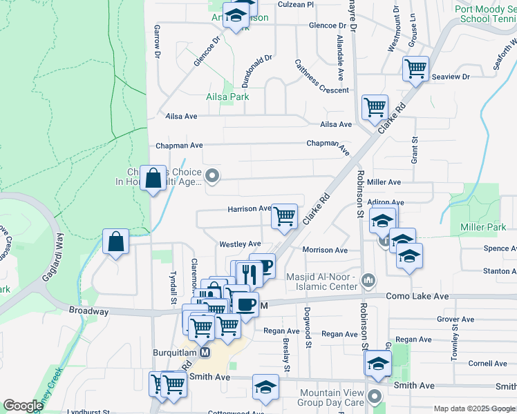 map of restaurants, bars, coffee shops, grocery stores, and more near 619 Harrison Avenue in Coquitlam