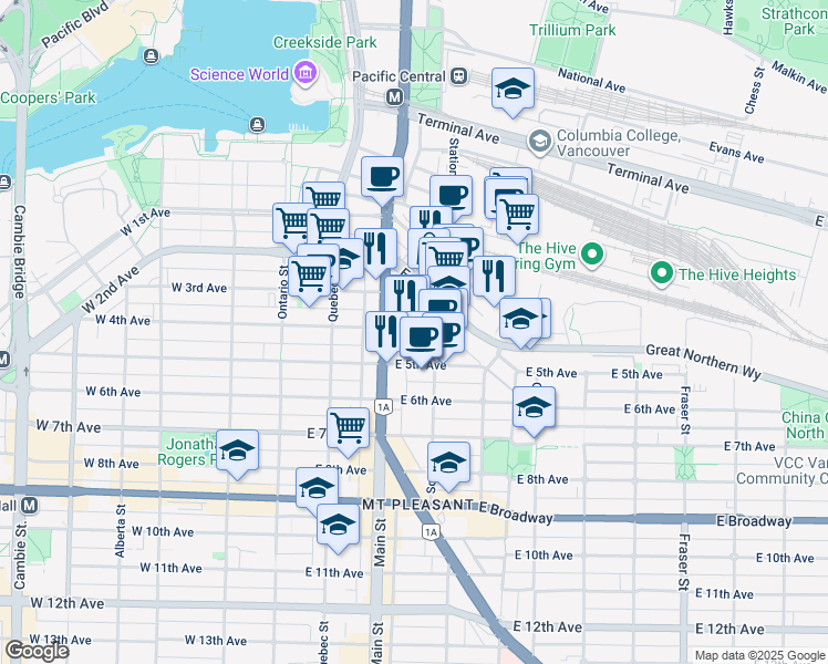 map of restaurants, bars, coffee shops, grocery stores, and more near 228 East 4th Avenue in Vancouver