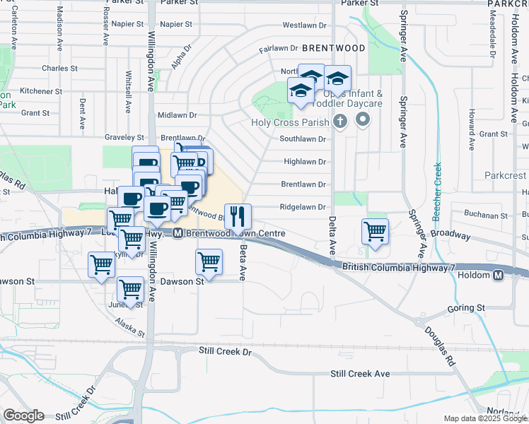 map of restaurants, bars, coffee shops, grocery stores, and more near 4742 Ridgelawn Drive in Burnaby