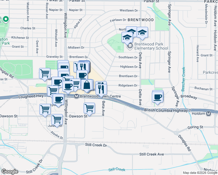 map of restaurants, bars, coffee shops, grocery stores, and more near in Burnaby