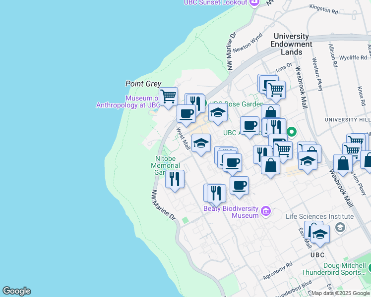 map of restaurants, bars, coffee shops, grocery stores, and more near 1855 West Mall in Vancouver