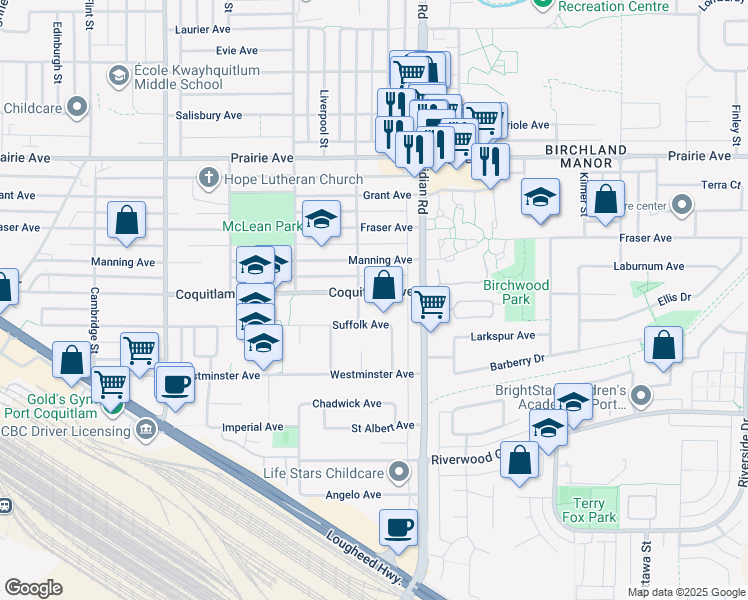 map of restaurants, bars, coffee shops, grocery stores, and more near 1564 Coquitlam Avenue in Port Coquitlam