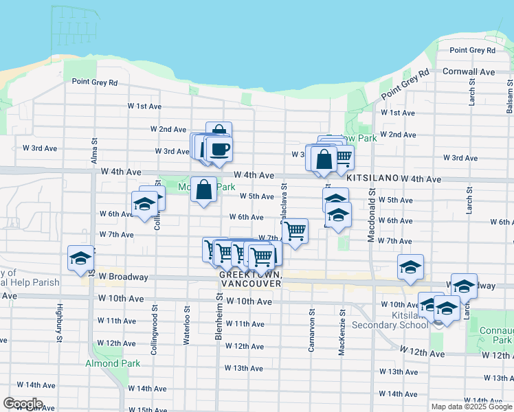 map of restaurants, bars, coffee shops, grocery stores, and more near 2118 Trutch Street in Vancouver