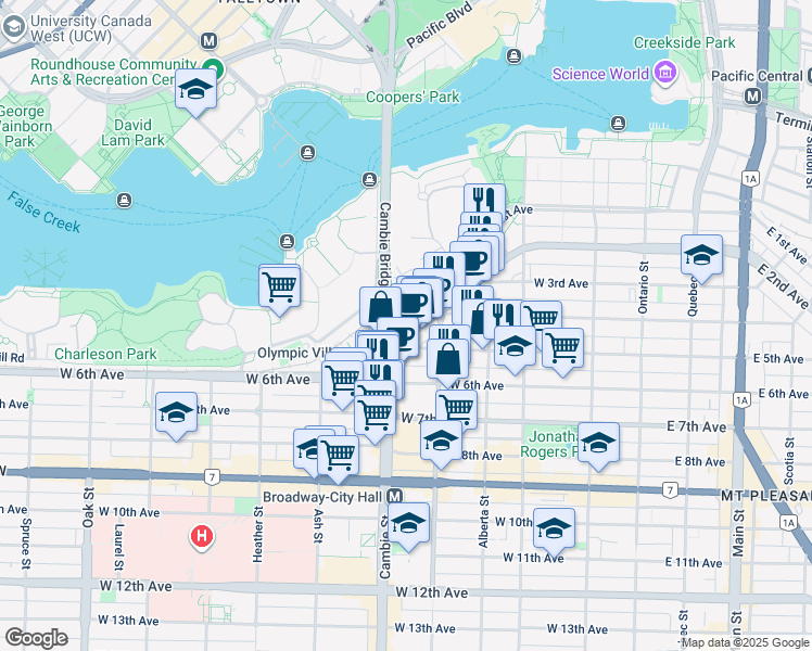 map of restaurants, bars, coffee shops, grocery stores, and more near 445 West 2nd Avenue in Vancouver