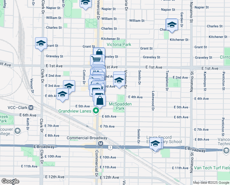 map of restaurants, bars, coffee shops, grocery stores, and more near 1823 East 4th Avenue in Vancouver